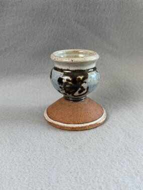 Studio Pottery Glazed Ceramic Candle Holder In Rustic Brown & Blue Handcrafted